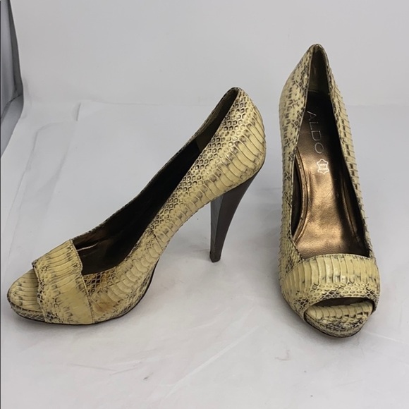 Aldo Sz 38 Beige Gray Snakeskin Peep Toe Pumps - Picture 5 of 13